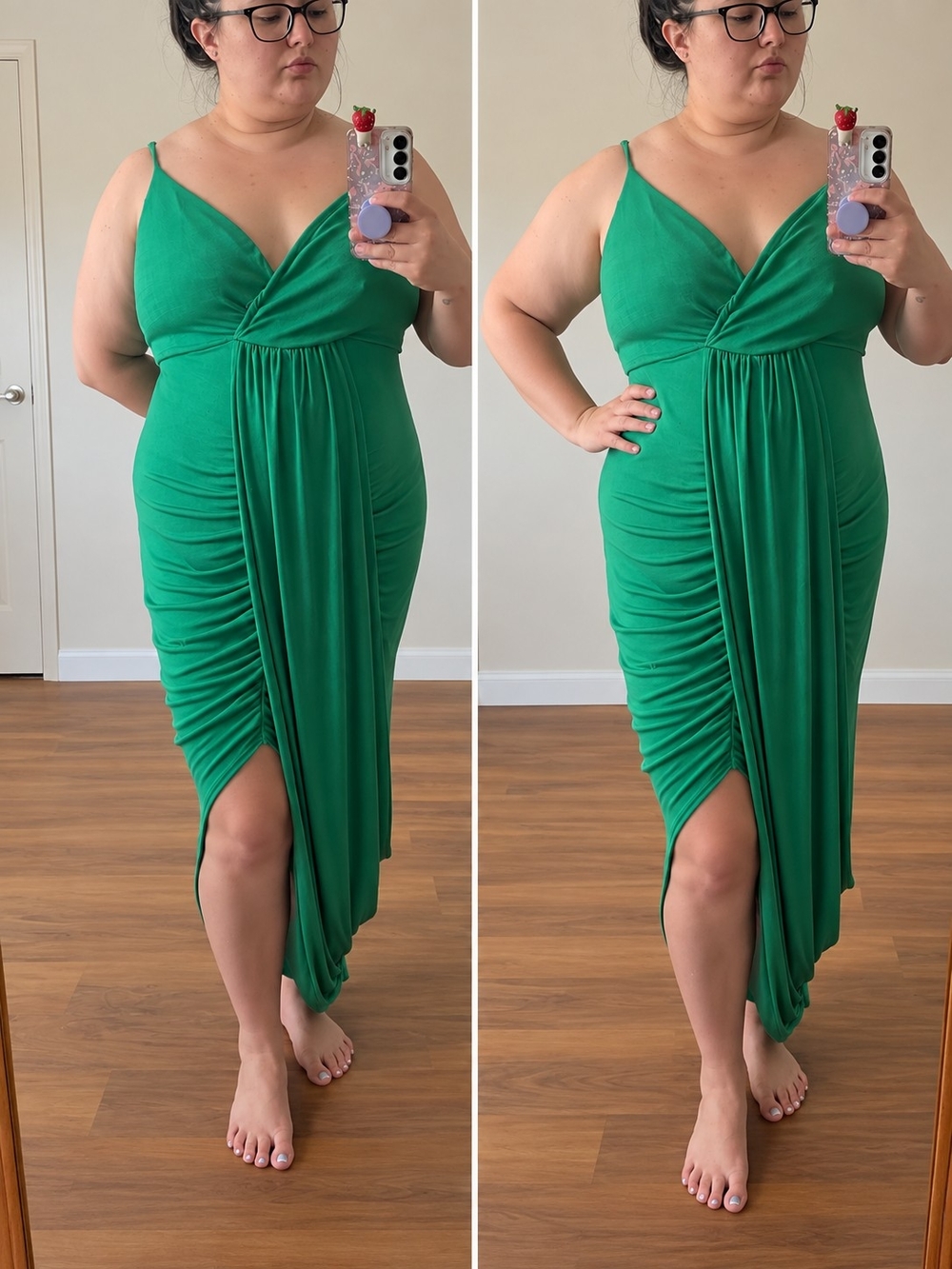Emerald Green Draped High-Low Spaghetti Strap Dress